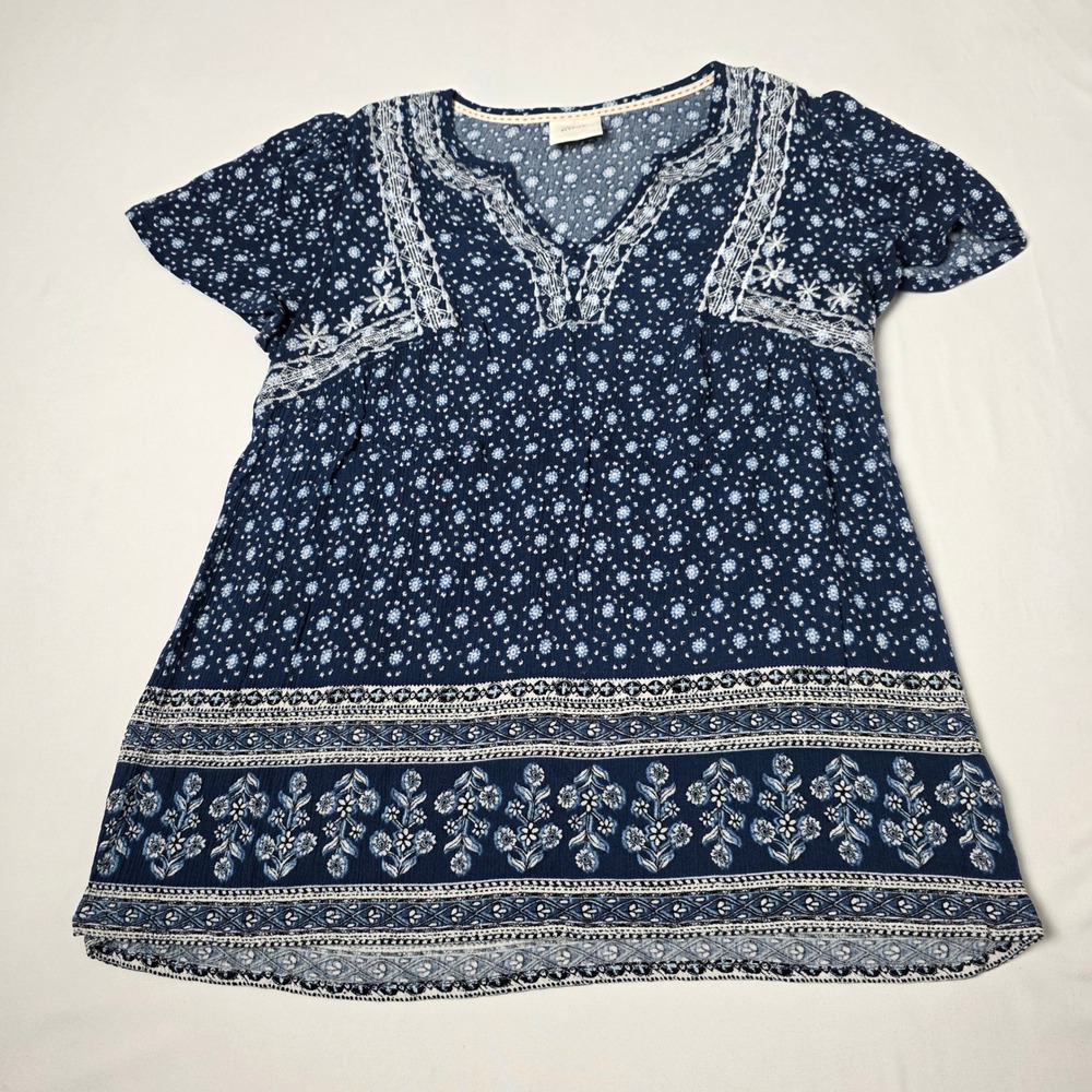 Knox‎ Rose Peasant Top Womens Small Blue Floral Embroidered Boho Babydoll Blouse